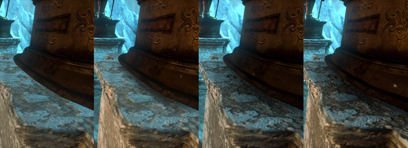 Режимы преграждения окружающего света в Rise of the Tomb Raider (слева направо): выключено, включено, HBAO+, VXAO