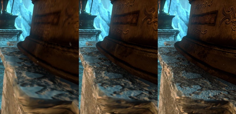 Режимы размера текстур в Rise of the Tomb Raider (слева направо): «Низкое», «Среднее», «Высокое»