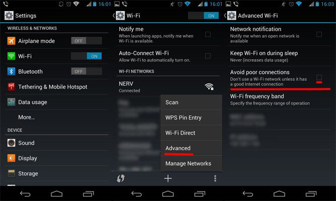 Почему телефон не видит wi-fi Опция отключения точек доступа со слабым уровнем сигнала.