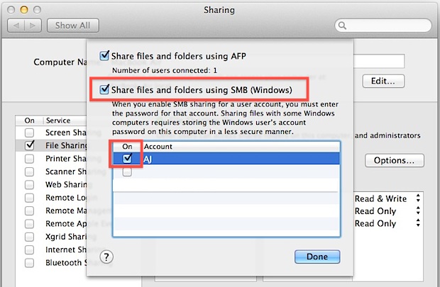 Enable Windows File Sharing in Mac OS X 