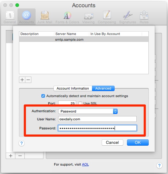 Manually set the outbound Mail password and login in Mail app for Mac OS X