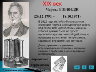 Чарльз БЭББИДЖ (26.12.1791 – 	18.10.1871) Картонные перфокарты Аналитическая