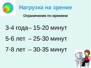 Нагрузка на зрение 3-4 года	– 15-20 минут 5-6 лет	– 25-30 минут 7-8 лет	– 30-