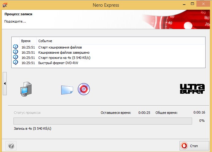 Nero Express Текущий статус записи файлов на диск