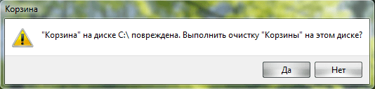 Корзина на диске С:\ повреждена. Выполнить очистку корзины на этом диске?