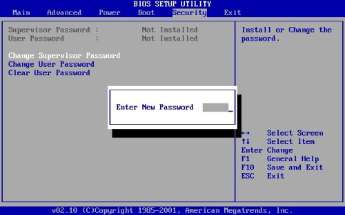 Установить пароль БИОС можно зайдя на вкладку "Security" меню BIOS Setup