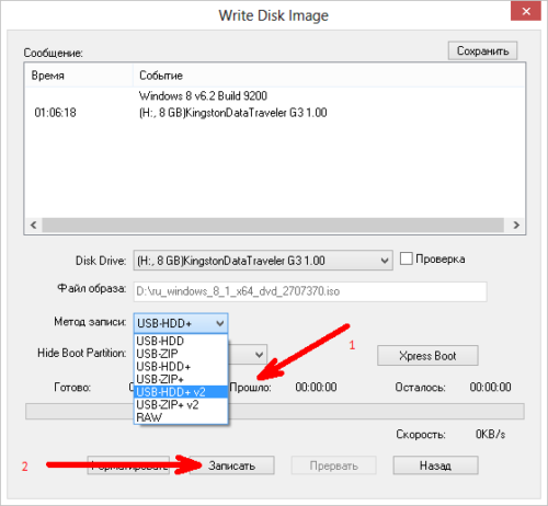 Метод записи USB-HDD+ 2.0 в окне Write Disk Image программы UltraISO
