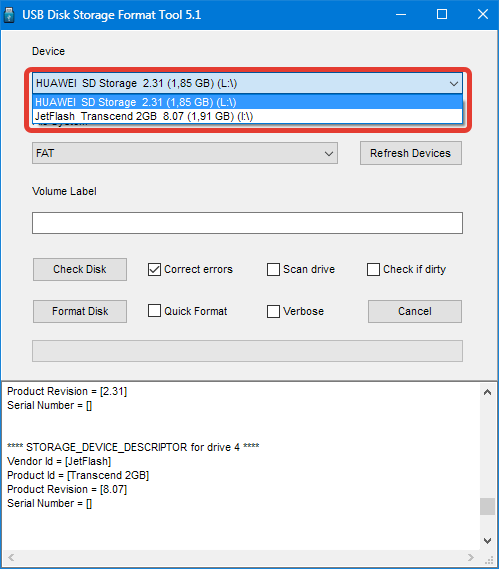 Выбор флешки в HP USB Disk Storage Format Tool