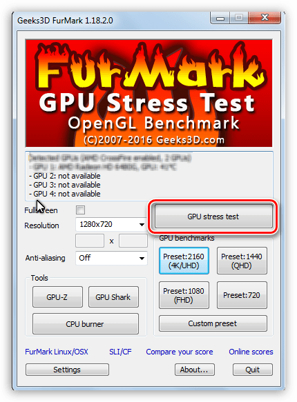 Запуск стресс-теста графического процессора в программе Furmark