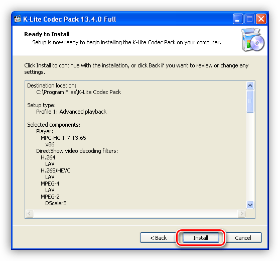 Информационное окно с выбранными параметрами при установке последней версии K-Lite Codec Pack для Windows XP