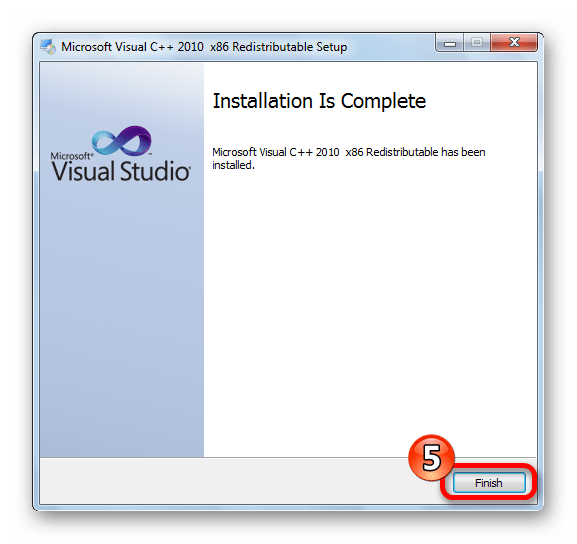 Установка пакета Microsoft Visual C++ 2010 завершена
