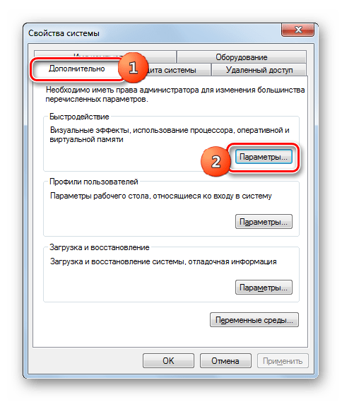 Переход в параметры быстродействия из вкладке Дополнительно окна Свойства системы в Windows 7