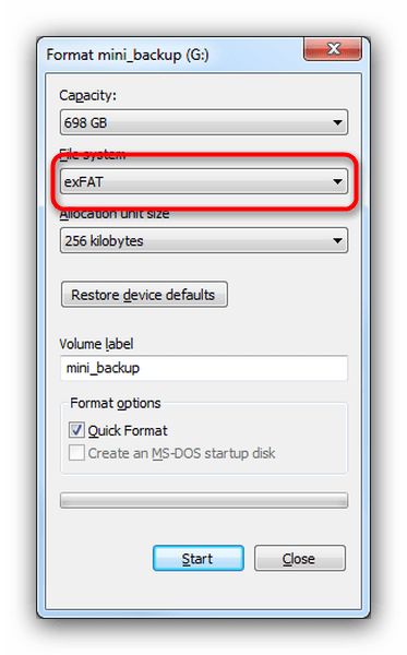 Выбор формата файловой системы exFAT
