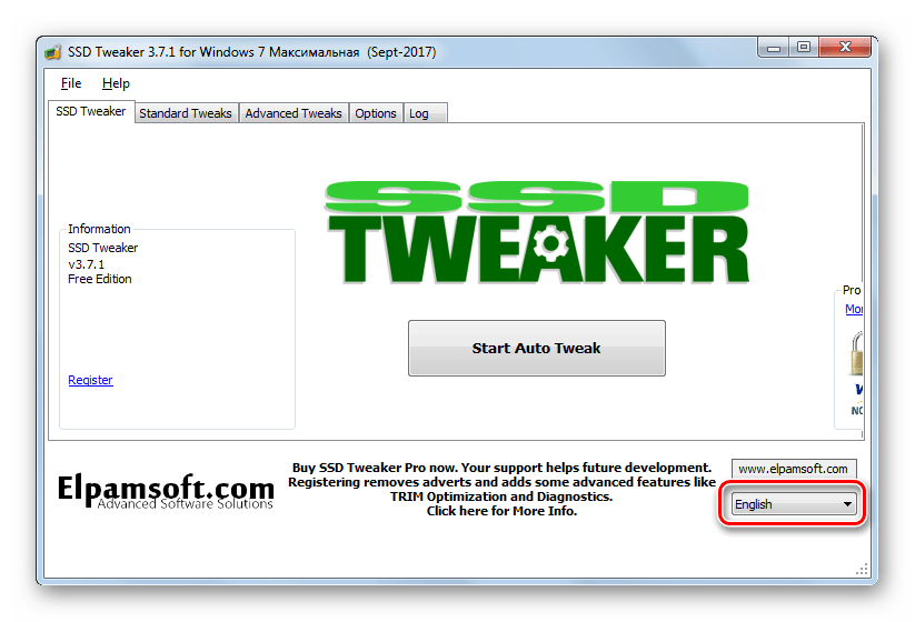 Переход к выбору языка в программе SSDTweaker в Windows 7