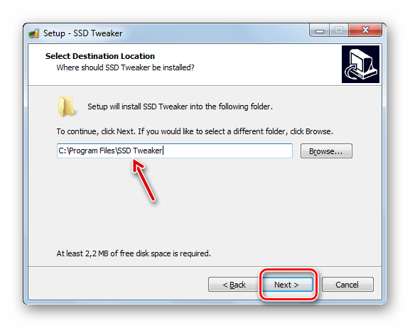 Выбор директории установки приложения в окне Мастера установки программы SSDTweaker в Windows 7