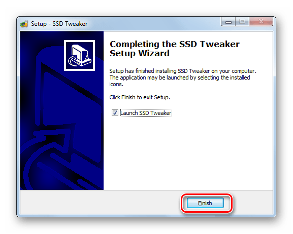 Выход из окна Мастера установки программы SSDTweaker после успешной инсталляции в Windows 7