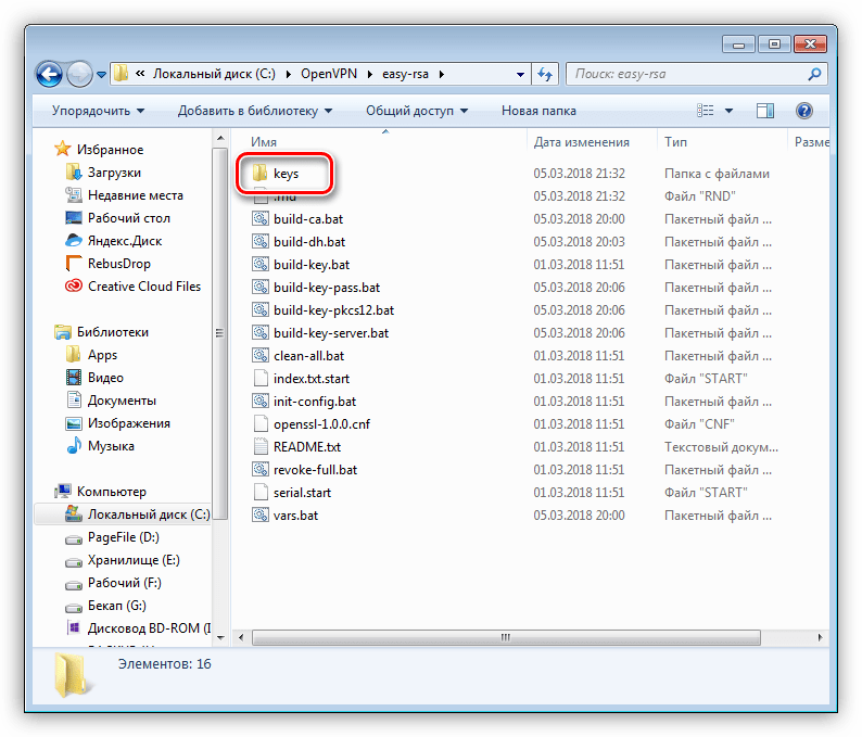 Папка с ключами и сертификатами для настройки сервера OpenVPN
