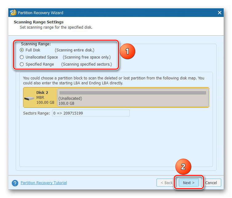 диапазон сканирования ССД в MiniTool Partition Wizard