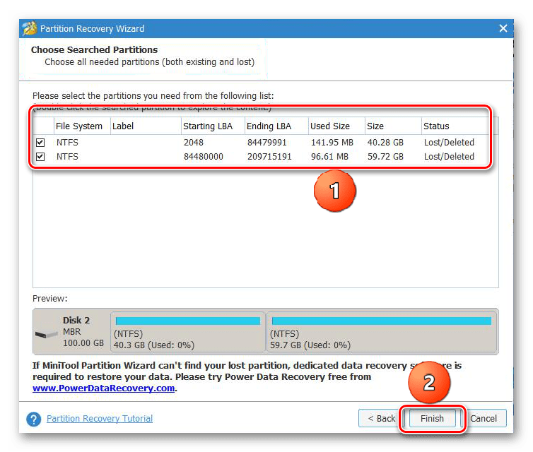 выбор найденных разделов диска в MiniTool Partition Wizard