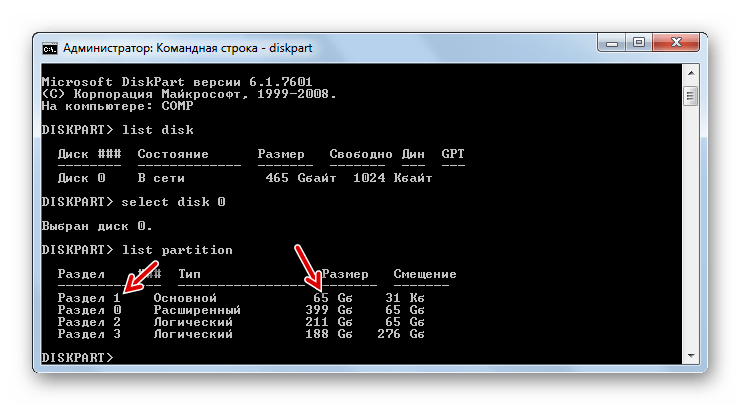 Системный раздел ПК в интерфейсе утилиты diskpart в Командной строке в Windows 7