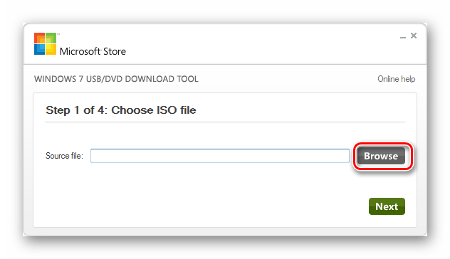 Переход к выбору файла образа операционной системы в окне утилиты Windows 7 USB DVD Download Tool