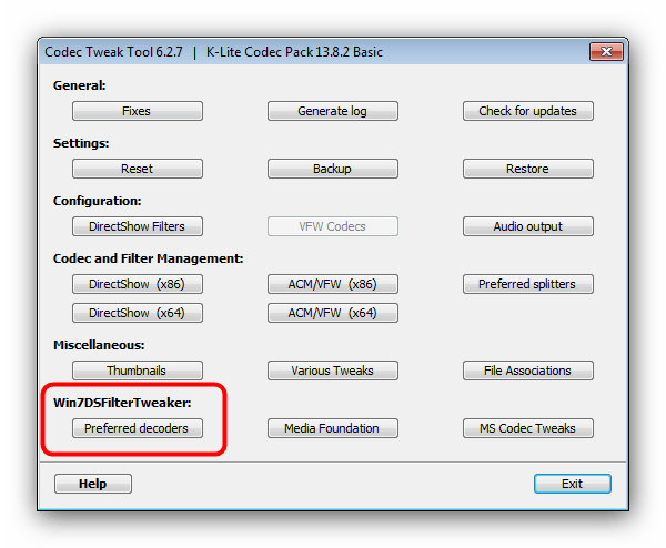Получить доступ к установке кодеков по умолчанию в Codec Tweak Tool