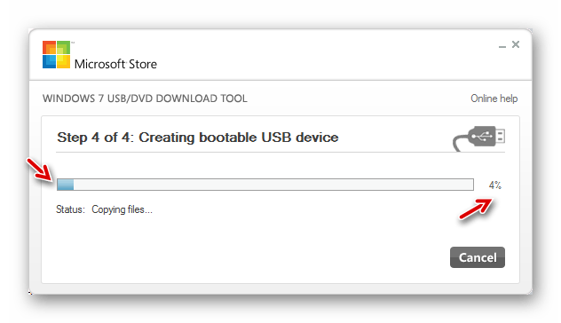 Процедура записи загрузочной флешки в окне утилиты Windows 7 USB DVD Download Tool
