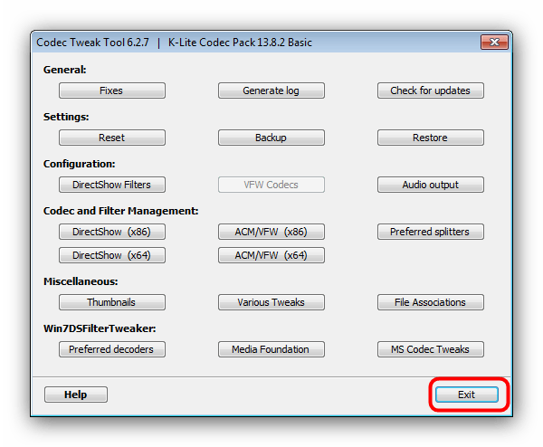 Закрыть Codec Tweak Tool после внесения изменений