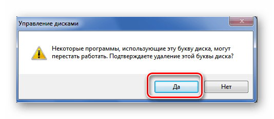 Подтверждение удаления буквы диска в Виндовс 7