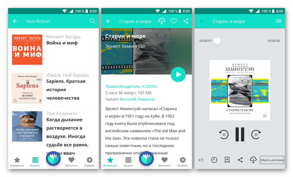 Воспроизведение аудиокниг во встроенном плеере приложения Книги бесплатно для Android