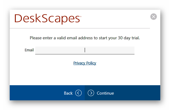 Ввод электронной почты для регистрации пробной версии DeskScapes