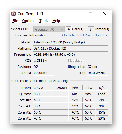 Проверка температур компьютера через программу Core Temp