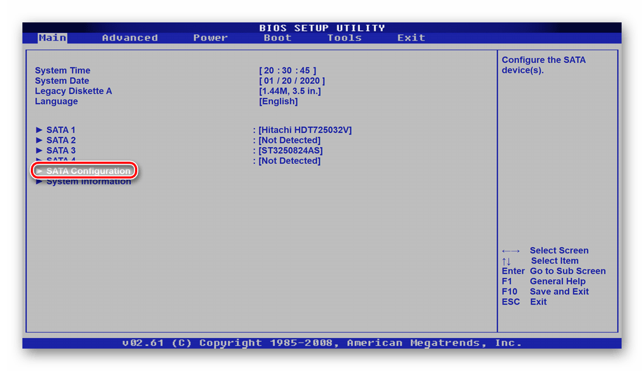 Выбор настроек SATA в BIOS