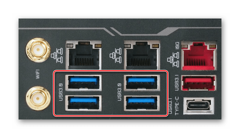 Задняя панель материнской платы с гнёздами USB 3.0