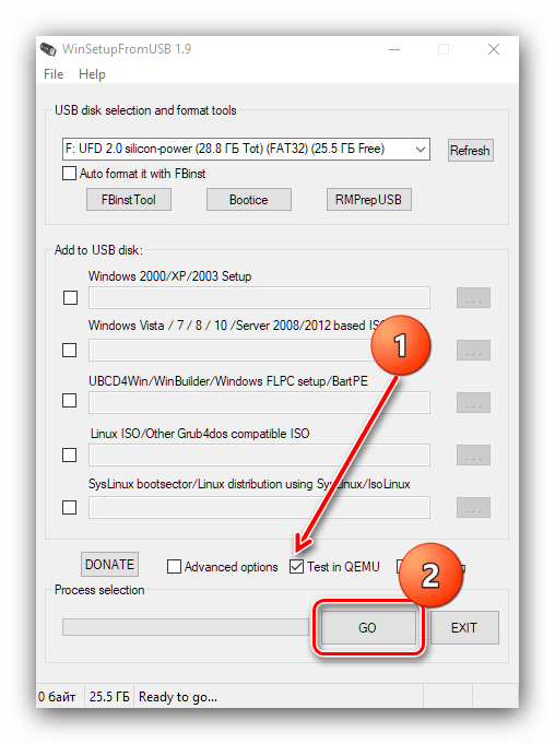Проверка накопителя в WinSetupFromUSB для создания мультизагрузочной флешки с Windows 10