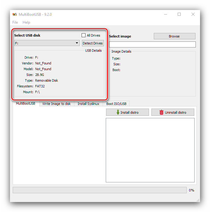 Выбор носителя в MuitiBootUSB для создания мультизагрузочной флешки с Windows 10