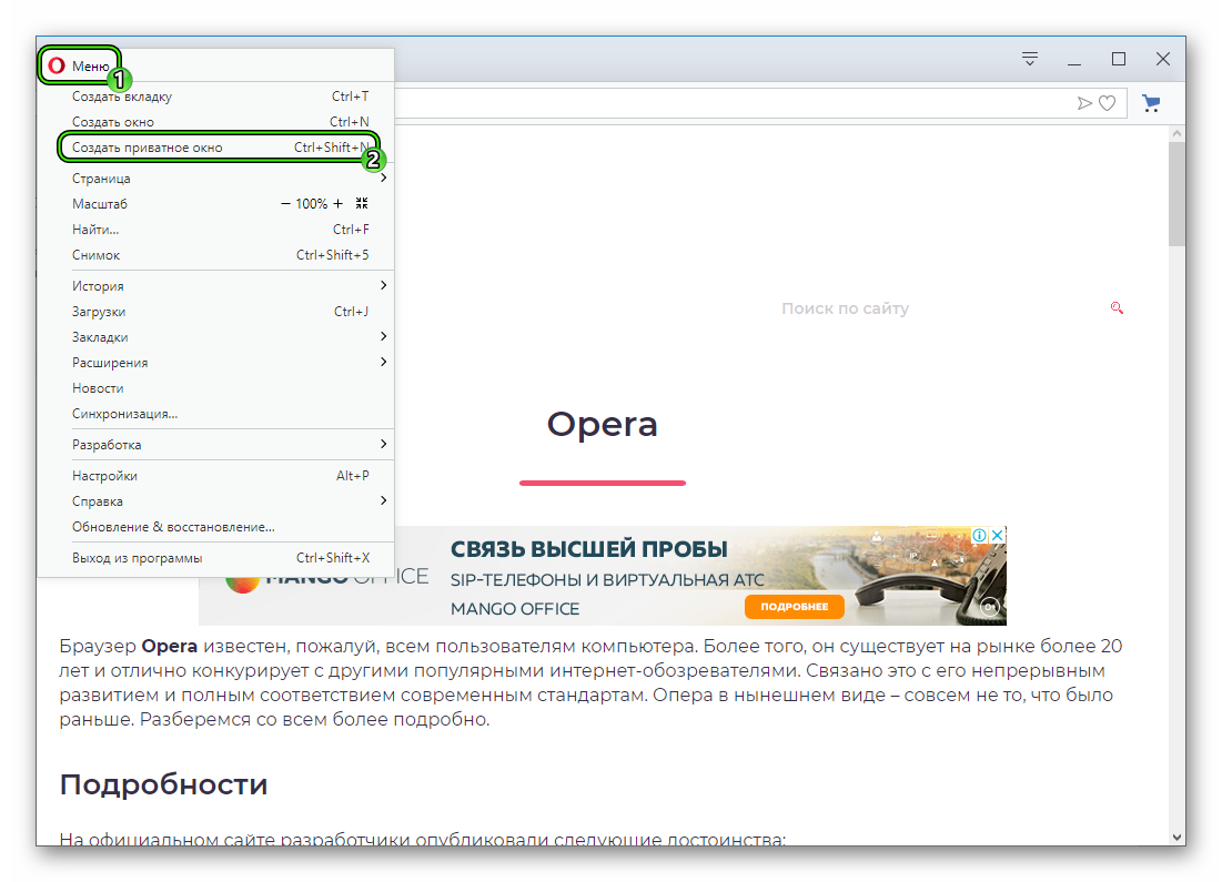Пункт Создать приватное окно в основном меню браузера Opera