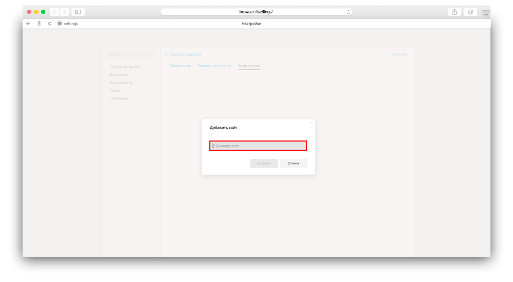 Скриншот добавление url сайта в запрещенные для использования куки