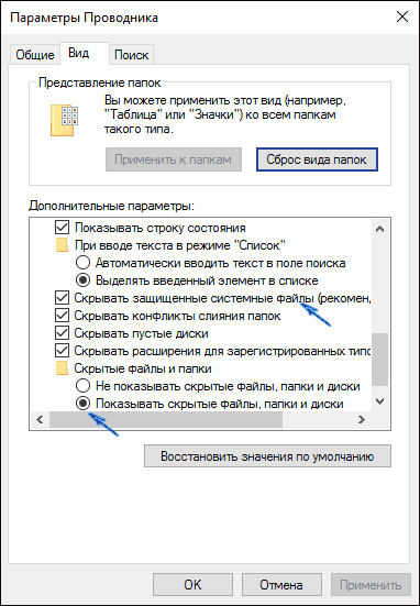 Показать скрытые папки в параметрах проводника Windows 10