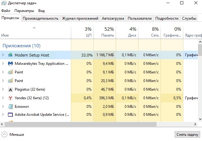 Modern Setup Host грузит диск Windows 10