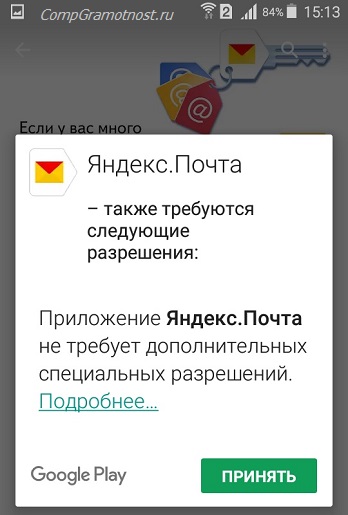 разрешения для приложения Яндекс Почты