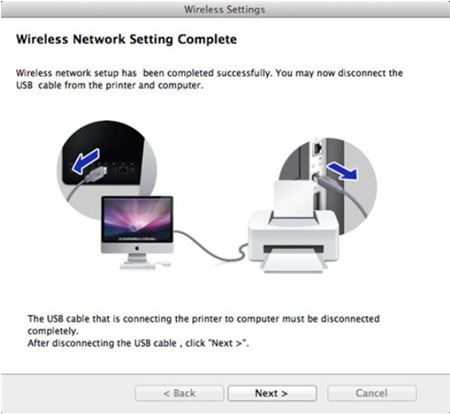 На рисунке показано сообщение о завершении настройки сети и необходимости отключить кабель USB