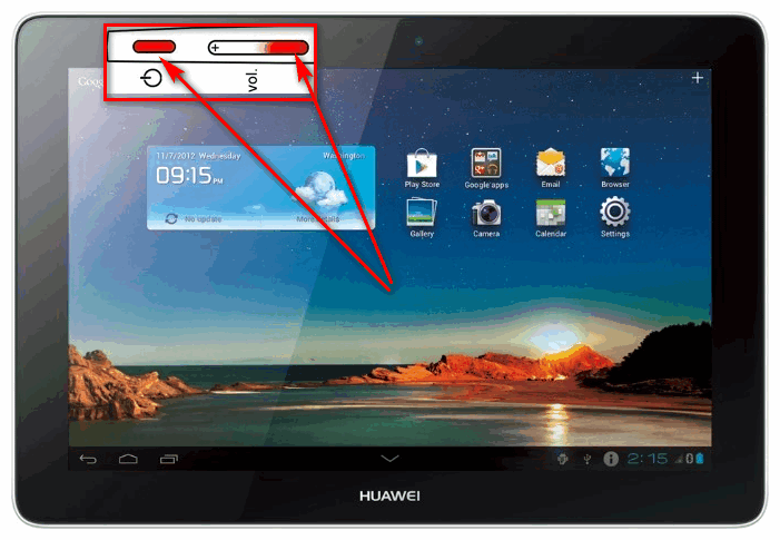 Кнопки для создания скриншота на планшете Huawei